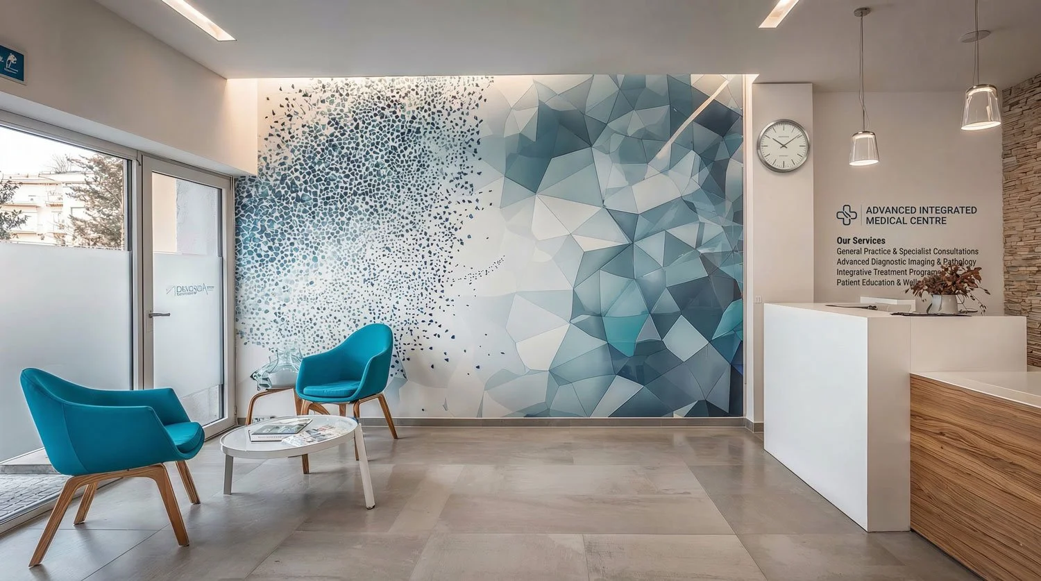 Modernes Empfangsbereich in einer medizinischen Klinik, mit einem weißen Tresen, blauen Sitzgelegenheiten, einer großen geometrischen Wanddekoration in Blau- und Grau-Tönen sowie einem Wandbild mit den Angeboten der Klinik.