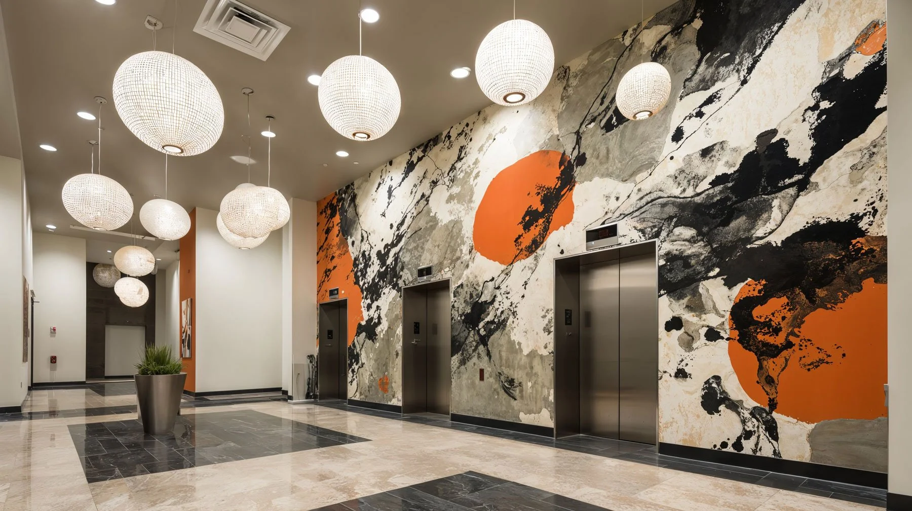Innenaufnahme eines modernen Gebäudes mit Aufzügen, großem Wandmural in Schwarz, Weiß und Orange, Deckende Bodenfliesen, Hängelampen und Topfpflanze.