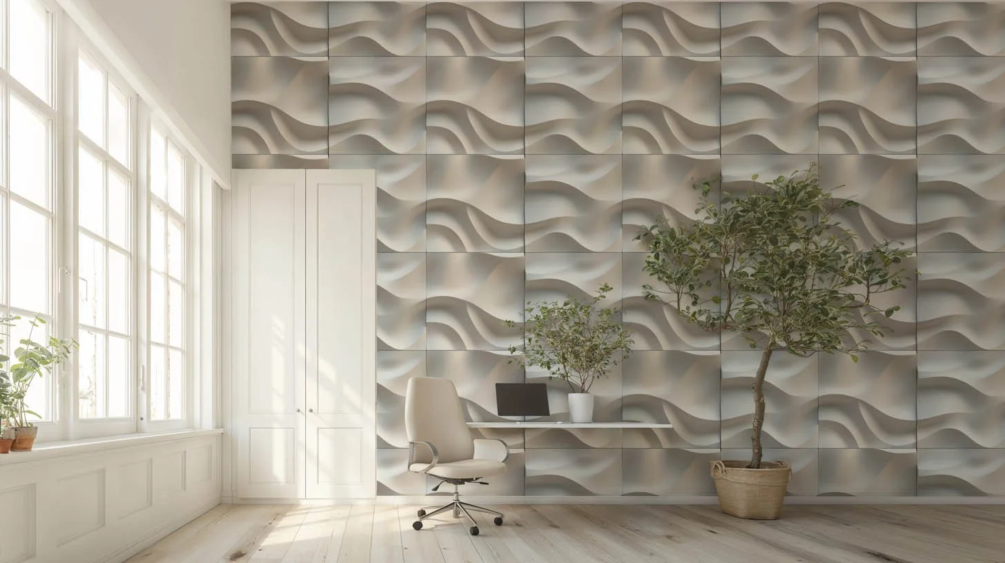 Ein modernes Büro mit großen Fenstern, weißen Wänden und einem einzigartigen 3D-Wanddesign mit Wellenmuster. Es gibt eine weiße Garderobe, einen weißen Schreibtisch mit einem schwarzen Laptop, eine weiße Bürostuhl, zwei große Pflanzen in Töpfen und einen hellen Holzboden.