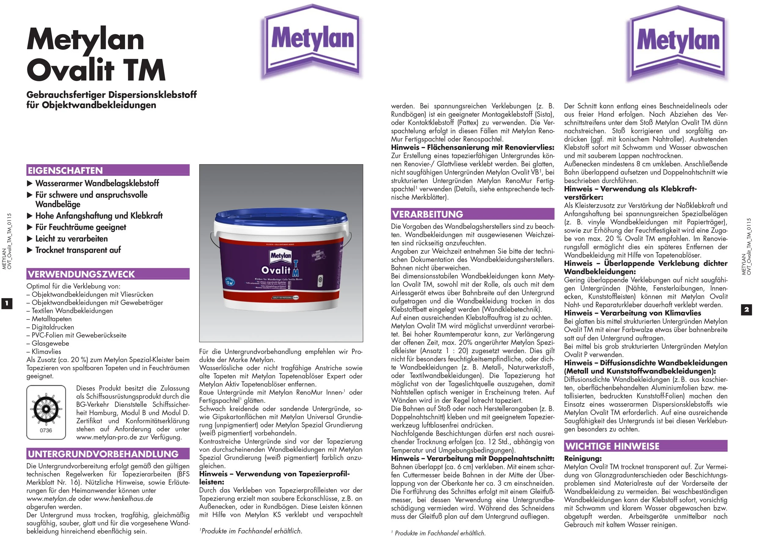 Produktbeschreibung und Anweisungen für Metylan Ovalit TM, ein Dispersionskleber für Wandbeläge, mit Logos und technische Details in deutscher Sprache.