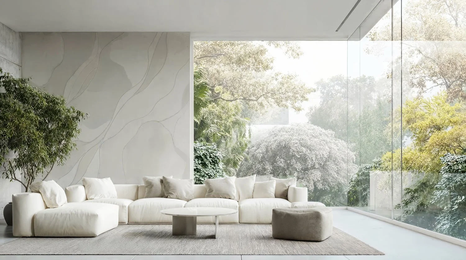 Modern Wohnzimmer mit großen Fenster und Blick auf einen Garten mit Bäumen und Sträuchern, weißes Sofa mit Kissen, Teppich, Stehlampe, grüne Pflanzen.