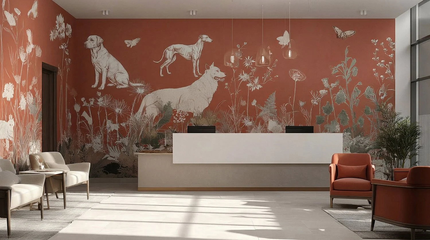 Moderner Empfangsbereich mit weißen und hellbraunen Sitzgelegenheiten, einem weißen Empfangstresen, einer kunstvollen Wandmalerei mit Tier- und Pflanzenmotiven und einer großen Fensterfront auf der rechten Seite.