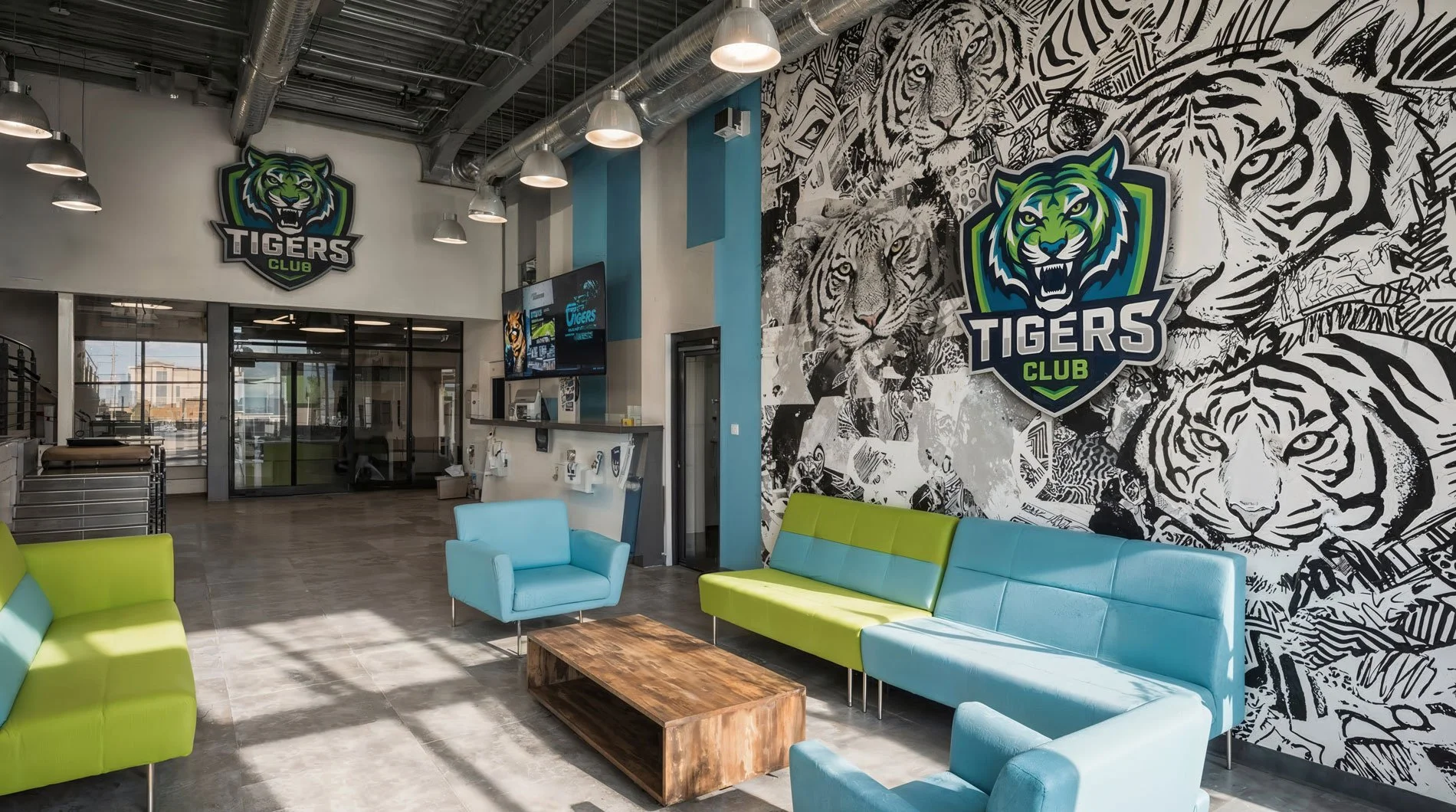 Innenraum eines Wartezimmers im Tigers Club mit bunten Sitzmöbeln, Wandbild mit Tigerillustrationen und eines Logos des Tigers Clubs an der Wand.
