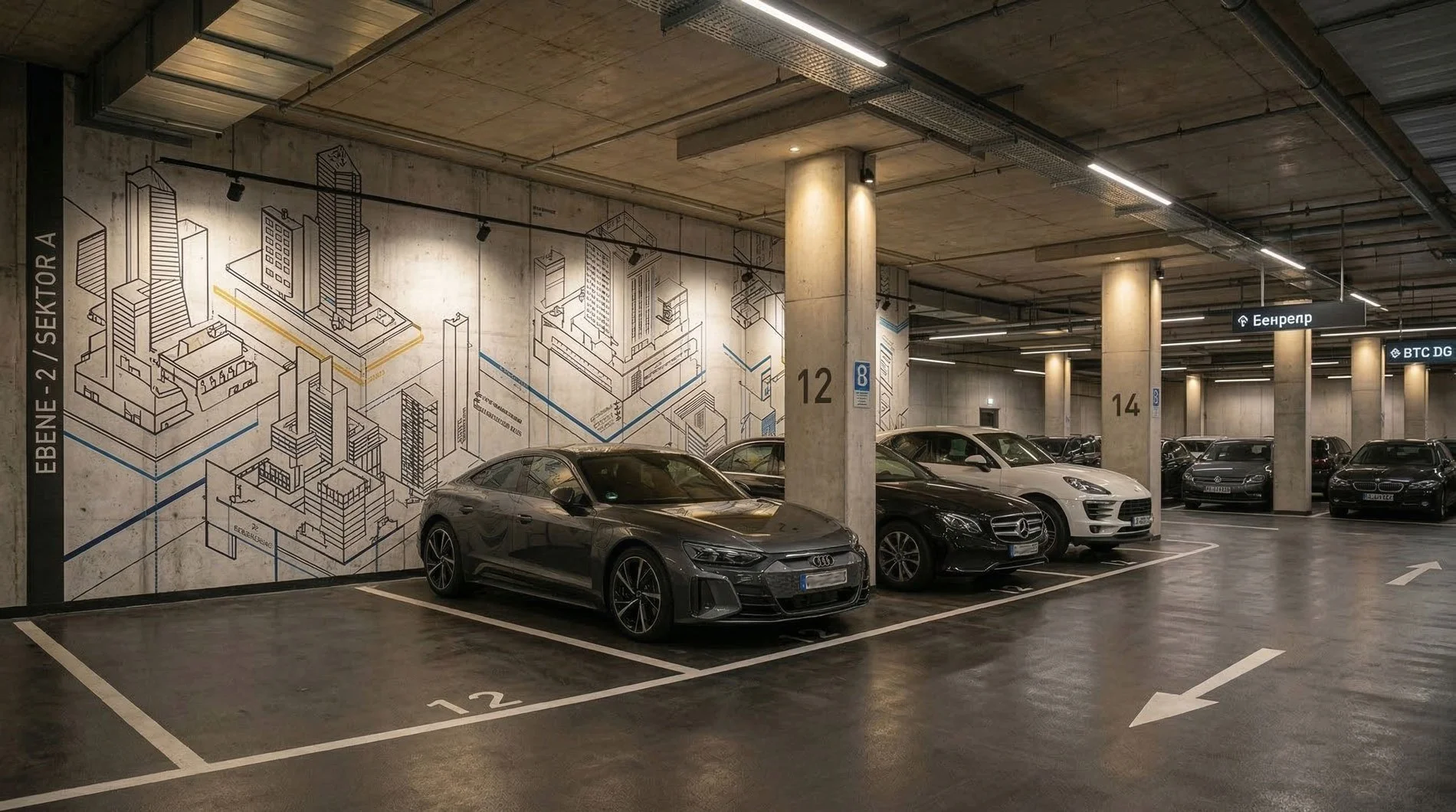 Innenansicht eines Parkhauses mit mehreren geparkten Autos, einer Wand mit Stadtplänen und Hinweisschildern auf den Ebenen 12 und 14.