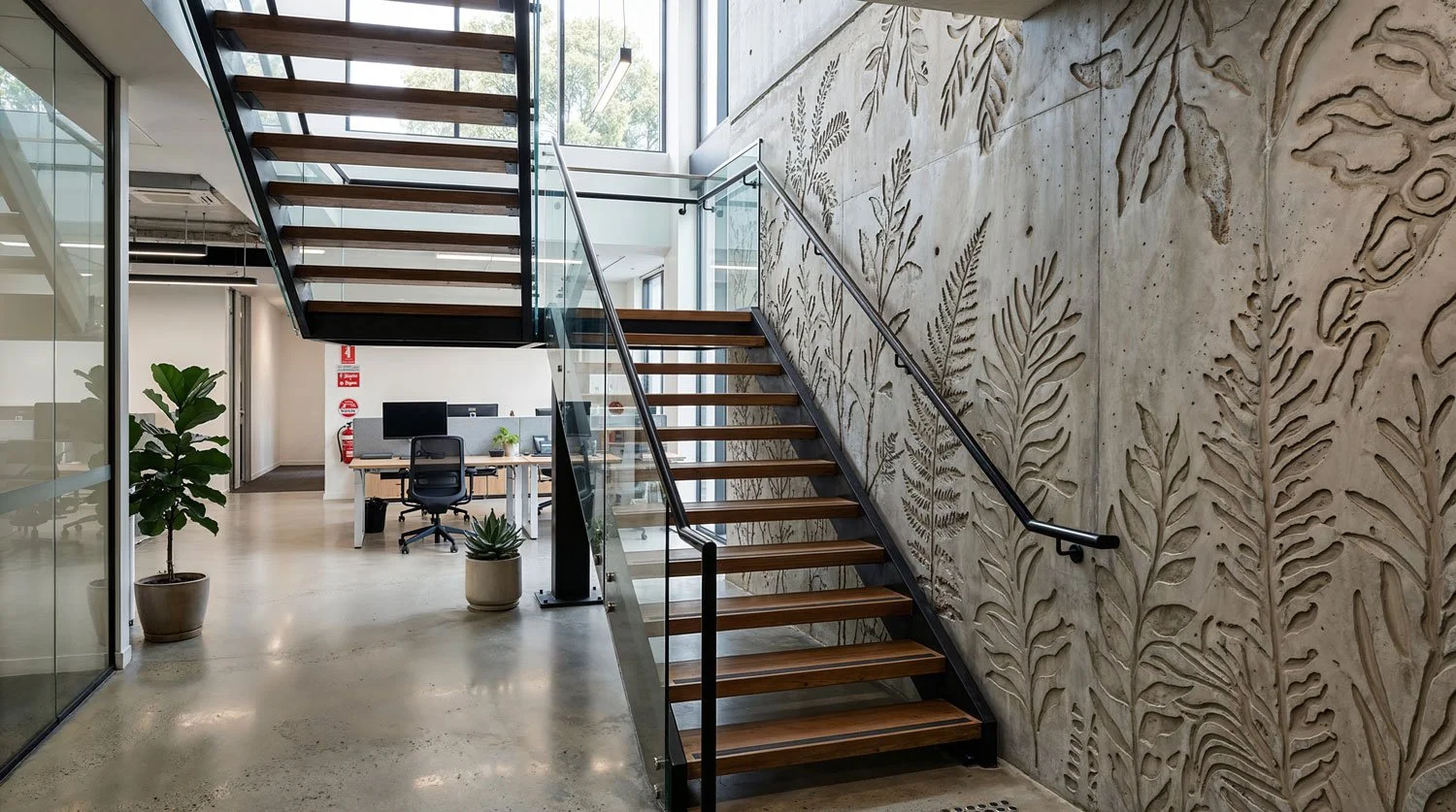 Moderner Bürobereich mit Treppe, Pflanzen und Wandgestaltung mit Blattmuster.