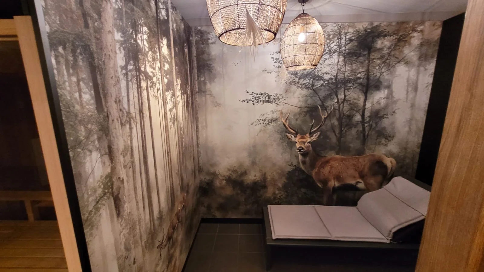 Eine Wand mit Waldmotiv, ein ausgestopfter Hirsch mit Geweih, eine Liege mit Kissen, sowie Lampen aus Naturmaterialien hängen an der Decke.