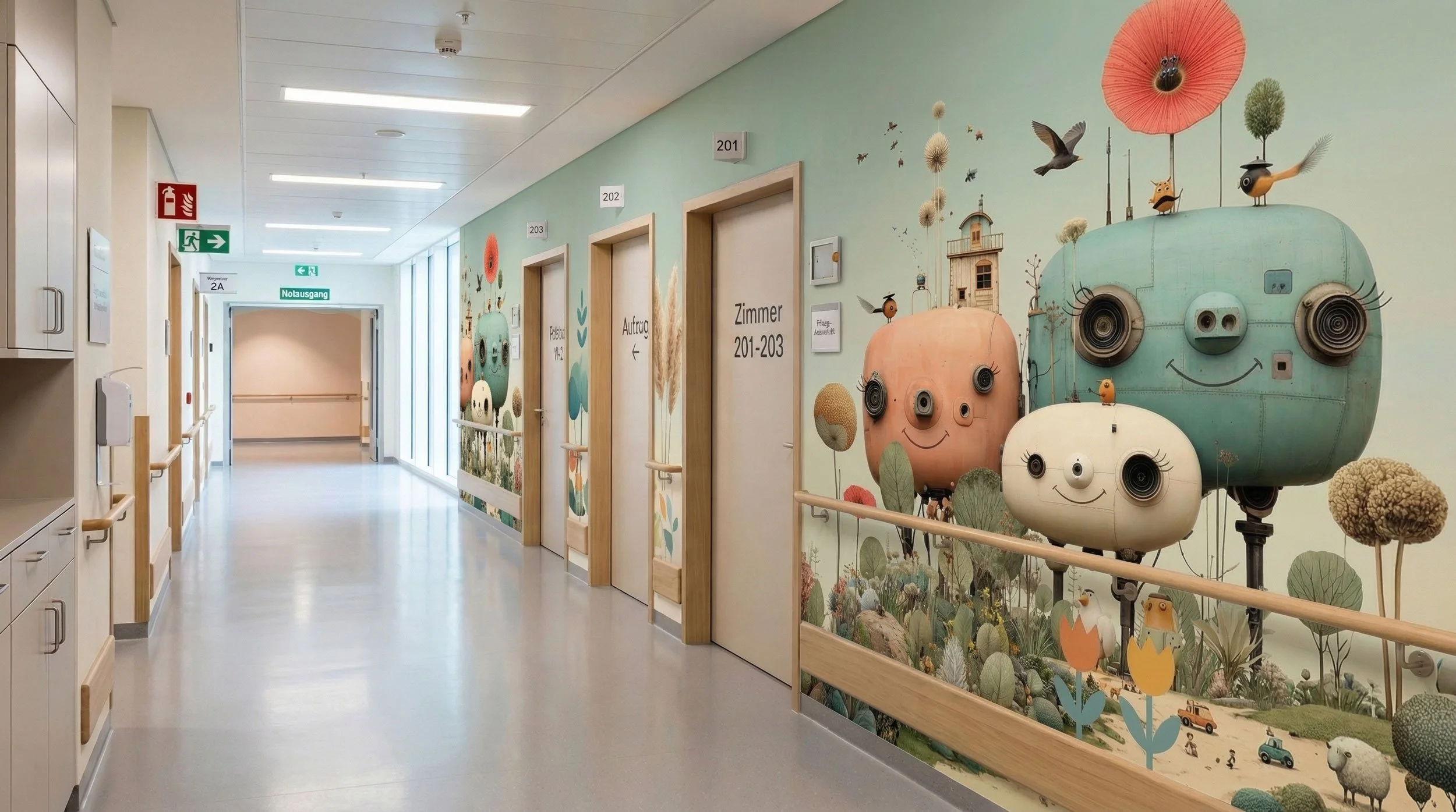 Ein Krankenhausflur mit Kinderillustration an der Wand, die mehrere freundliche, bunte Roboter-Fenster mit Gesichtsausdrücken zeigt, umgeben von Tieren und Pflanzen.