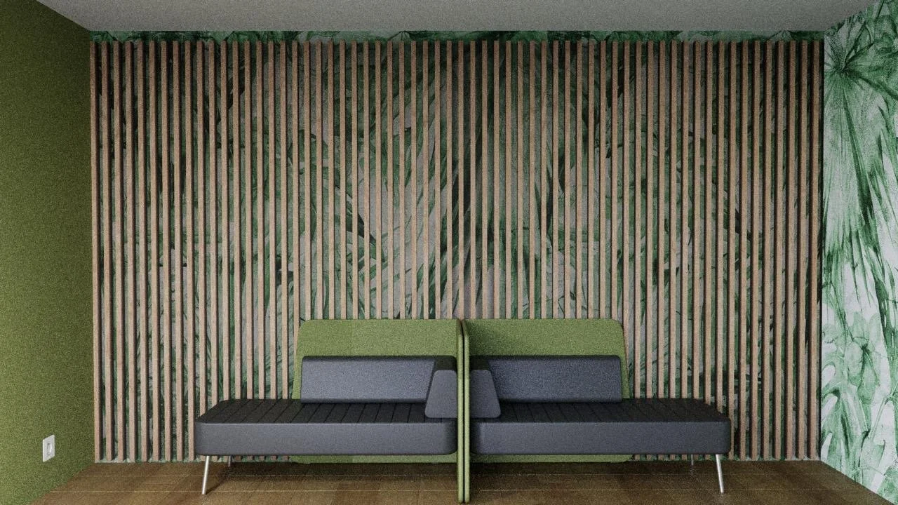 Ein modernes Sofa mit grauen und grünen Kissen steht vor einer vertikalen Holzlamellenwand in einem Raum mit grünen Wänden und einer dekorativen Pflanzenmauer.