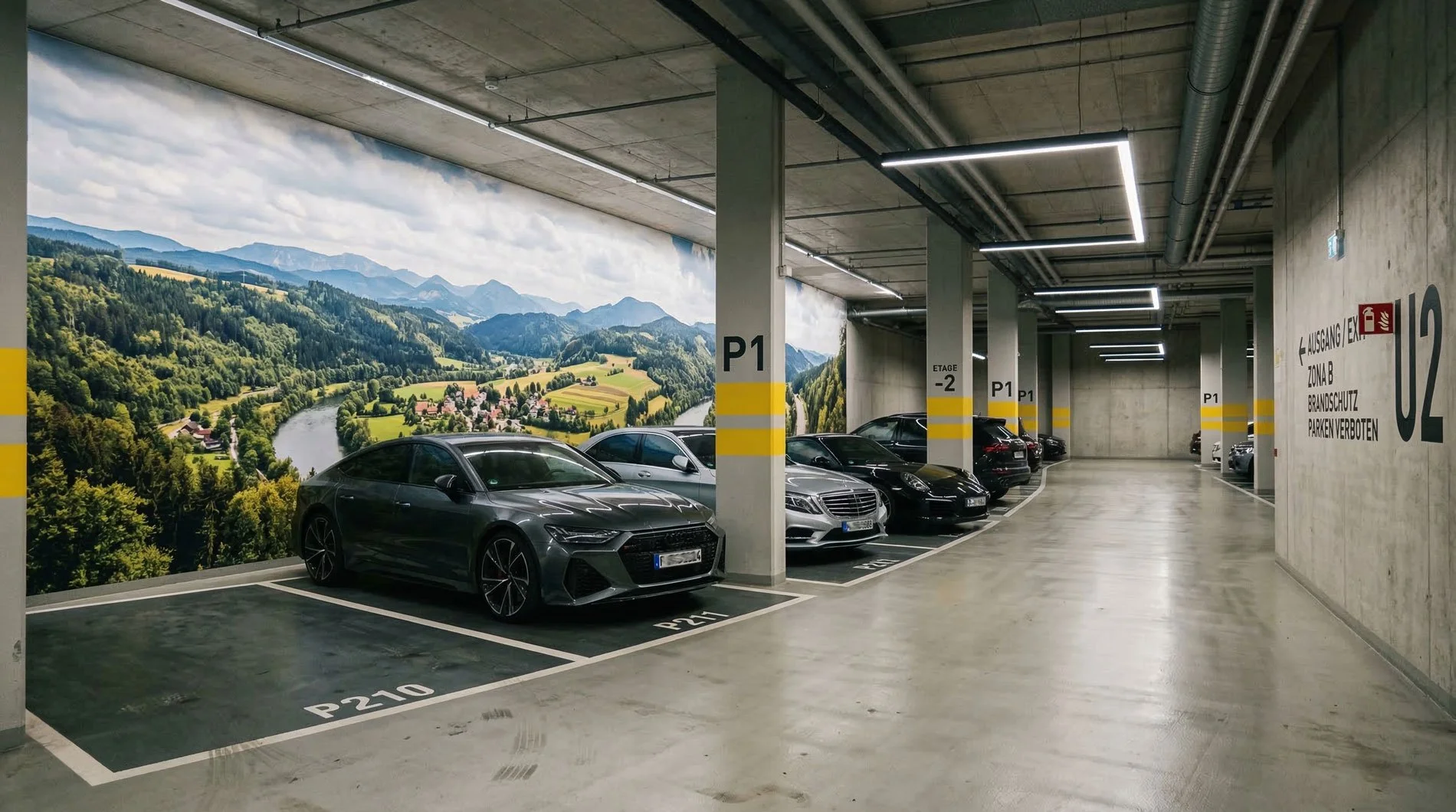 Innenansicht eines Parkhauses mit mehreren geparkten Autos und einer Wand mit einem Wandbild von einer Landschaft mit Fluss, Hügeln und Bergen.