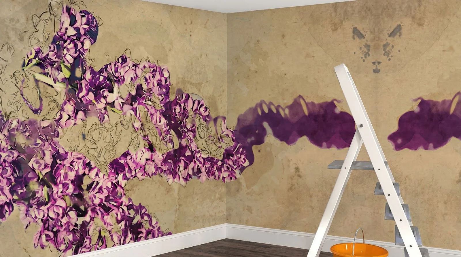 Wand mit abstrakter Kunst, die violette Blumen und Schatten zeigt, neben einer Leiter und einem orangefarbenen Eimer