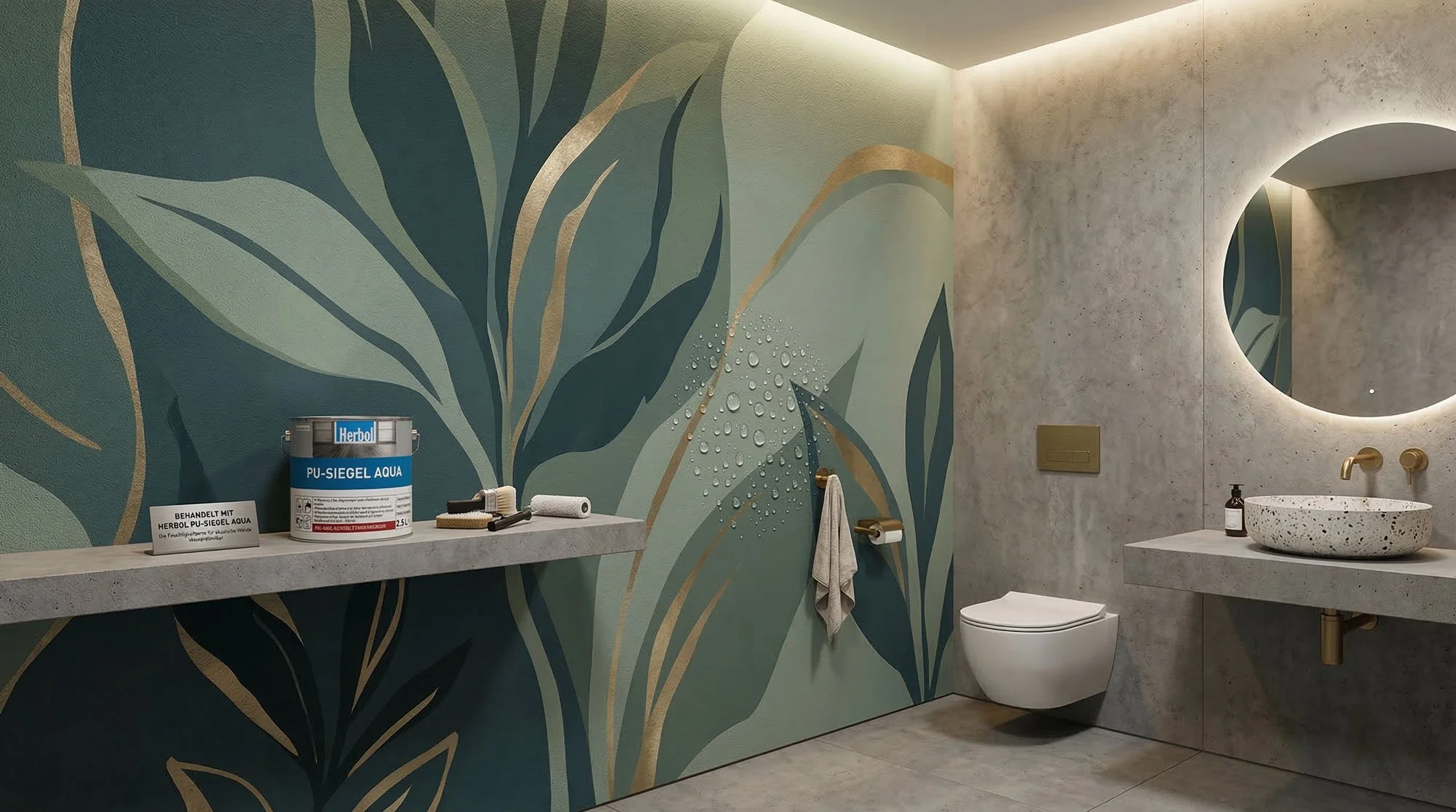 Modernes Badezimmer mit Wandkunst in grünen und goldenen Tönen, Spiegel mit Beleuchtung, Waschbecken aus terrazzoähnlichem Material, WC, Handtuchhalter mit Handtuch, Reinigungsmittel und Utensilien auf einem Regal.