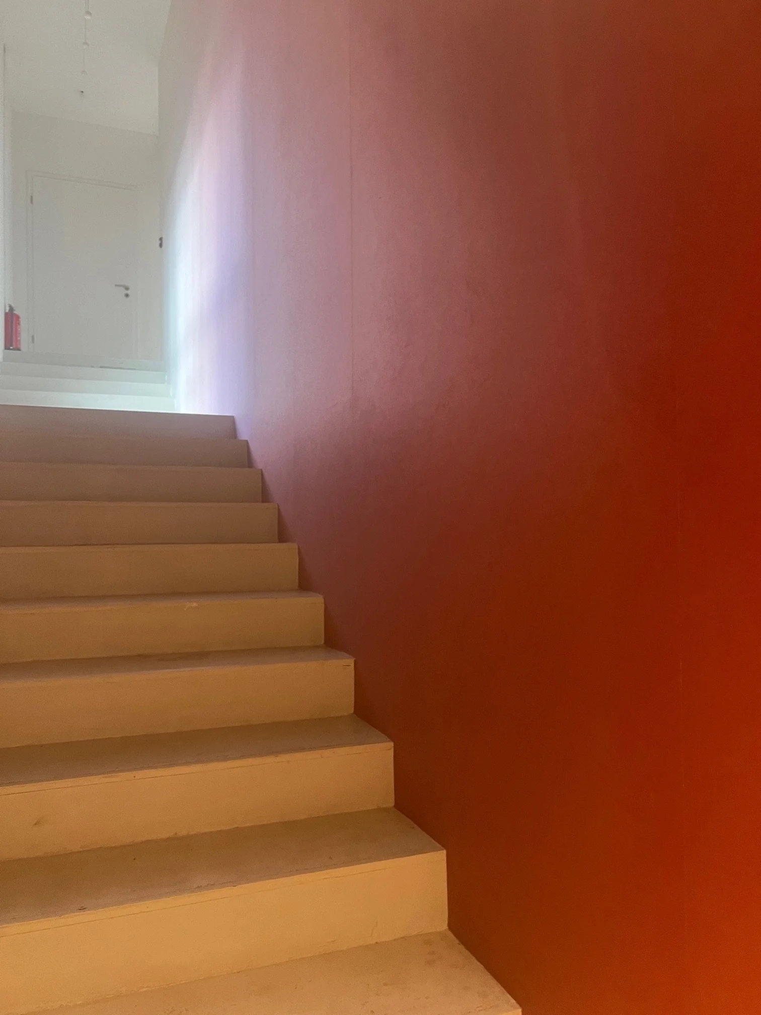 Innenaufnahme eines Flurs mit roten Wänden und Treppe aus hellen Holzstufen, helles Licht von oben