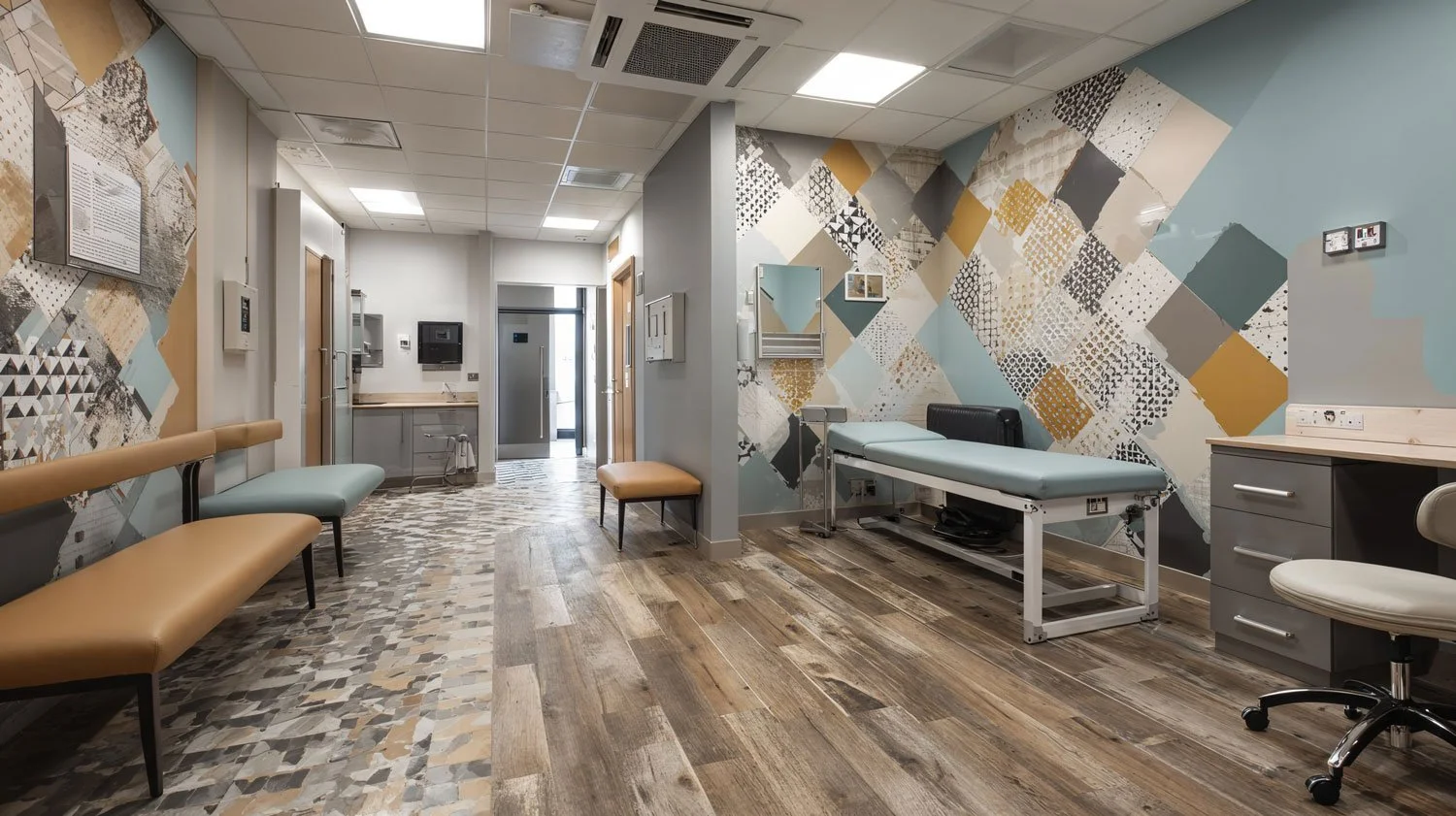 Eine moderne Arztpraxis oder Klinik mit Wartebereich und Untersuchungsraum, Stühlen, medizinischen Möbeln und dekorativen Wandmustern.