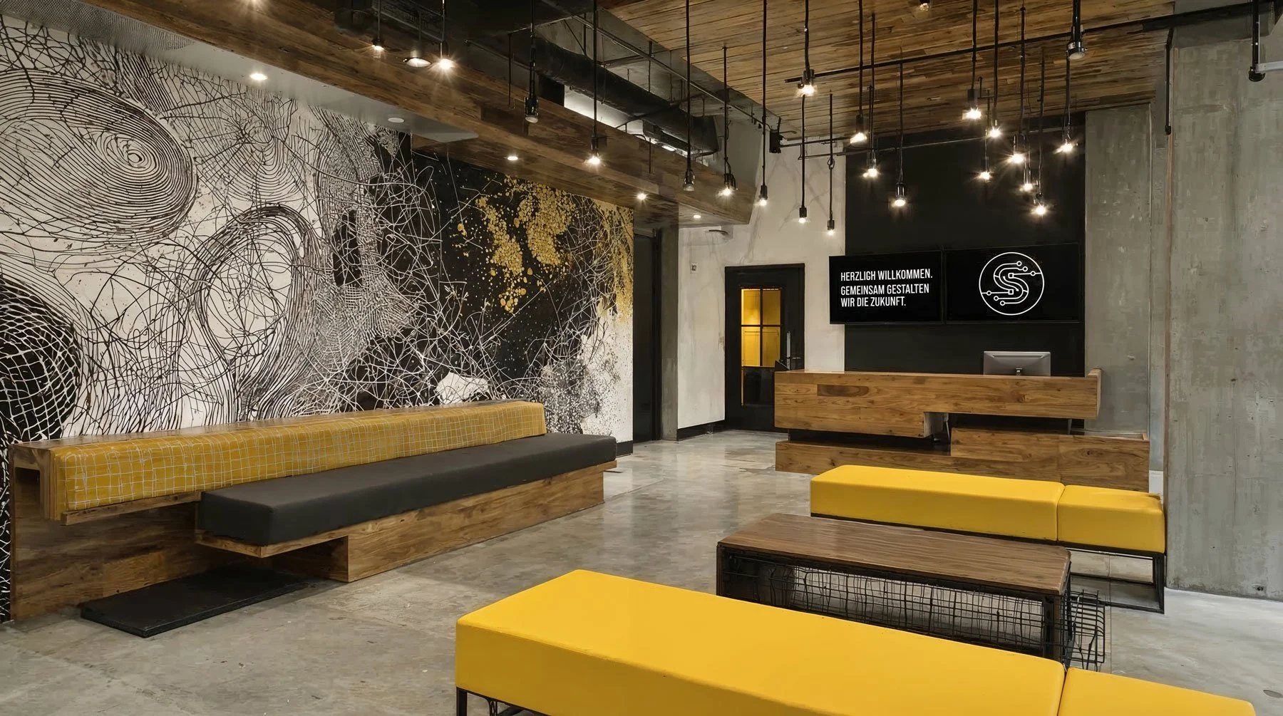 Moderner Empfangsbereich mit Holzdekor, gelben Sitzbänken, schwarZER Wand mit digitalem Logo, und abstract Kunst auf der Wand