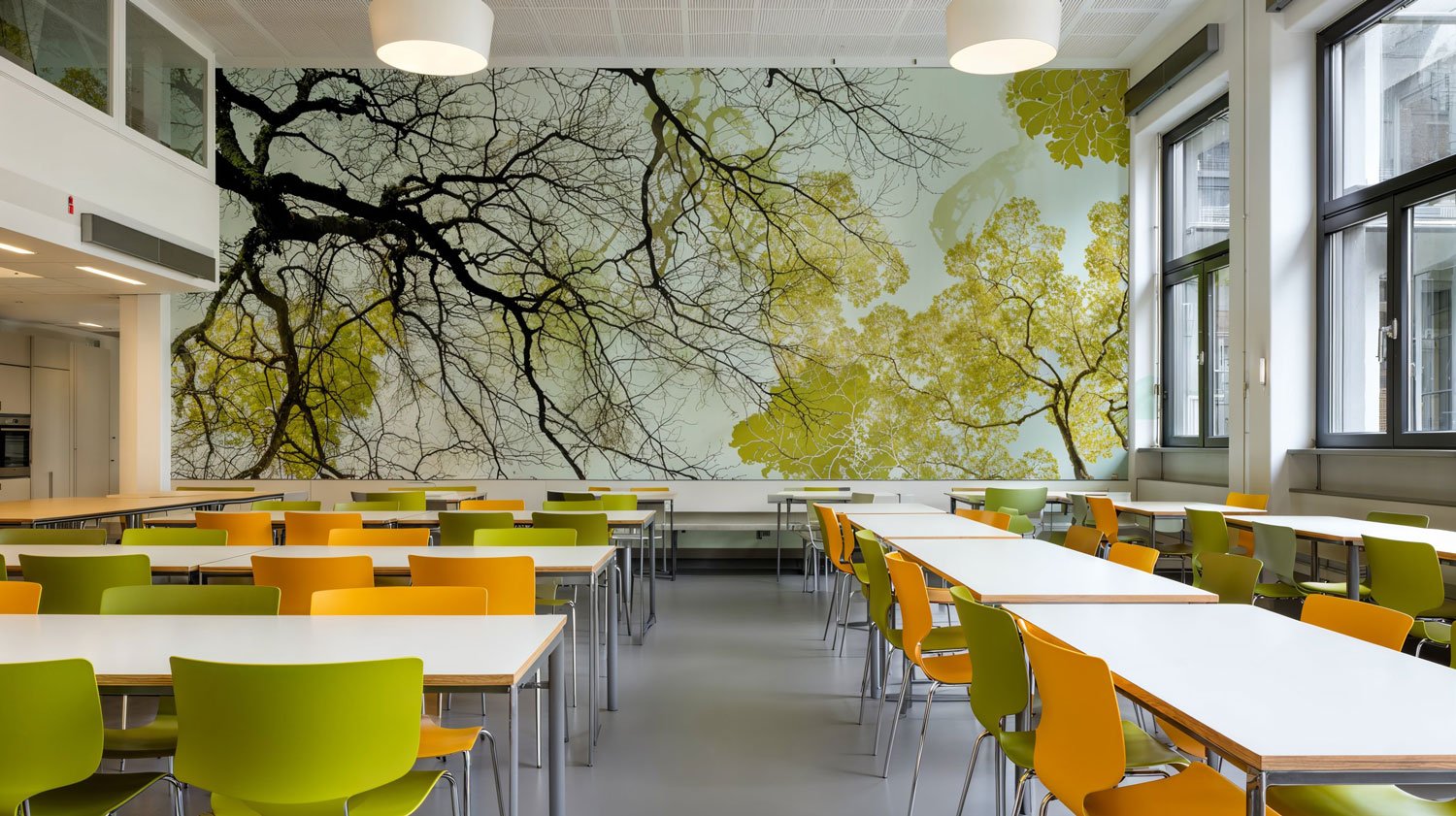 Ein heller, moderner Raum mit weißen Tischen, bunten Stühlen und einem Wandbild mit Baumzweigen und Blättern.