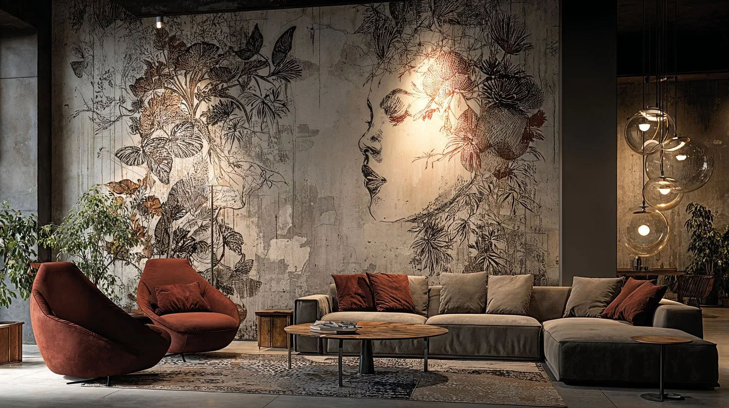 Modernes Wohnzimmer mit grauer Couch, zwei roten Sesseln, einer Pflanzen und Wandkunst mit Frauenprofil und Blumen