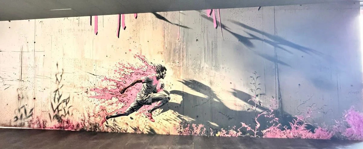 Graffiti eines laufenden Mannes auf einer Wand, mit pinkfarbenen Farbspritzern und Schatten.