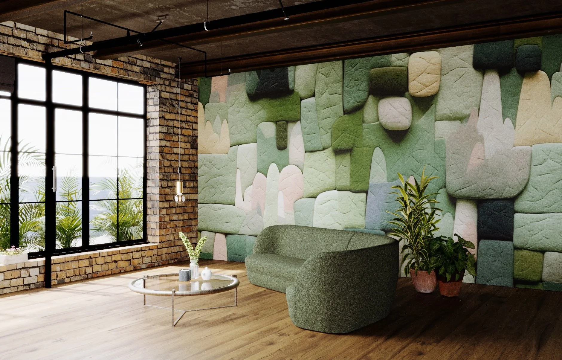 Innenraum mit einer grünen Couch, einer Pflanze in einem Tontopf, einer Tasse und einer Vase mit Blumen auf einem runden Glas-Tisch. Eine Wand mit geometrischen, bunten, weichen Wandpaneelen. Große Fenster mit schwarzen Rahmen, sichtbares Mauerwerk, Holzboden, und eine Decke mit sichtbaren schwarzen Rohren.