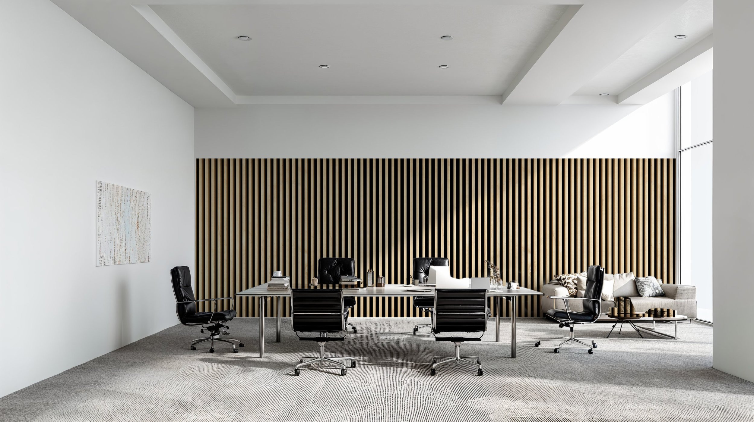 Moderne Büro-Szene mit weißen Wänden, einem großen Tisch mit vier schwarzen Bürostühlen, einem Holzlatten-Akzentwand und einem Sofa mit Kissen in einem platzsparenden Raum.