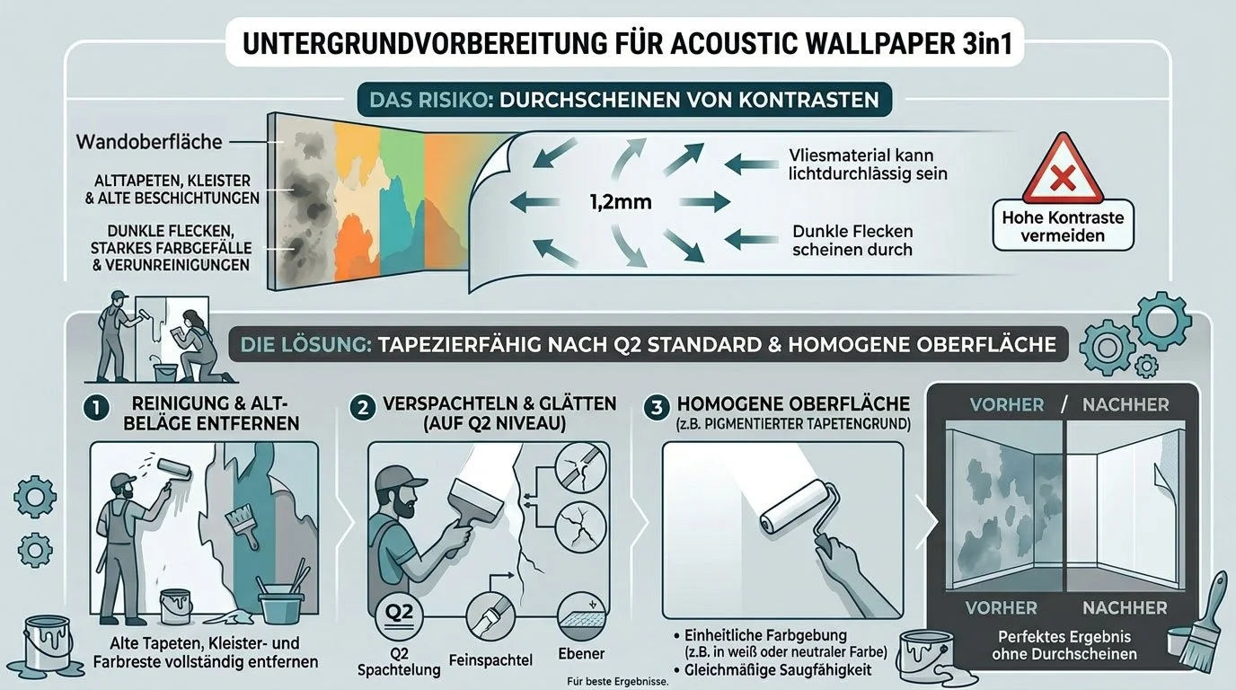 Infografik zum Untergrundvorbereitung für akustische Tapeten, zeigt Risiken durch kontrastreiche Muster, Lösungschritte wie Reinigung, Spachteln, Glätten und homogene Oberfläche, vorher Nachher Bilder der Wand