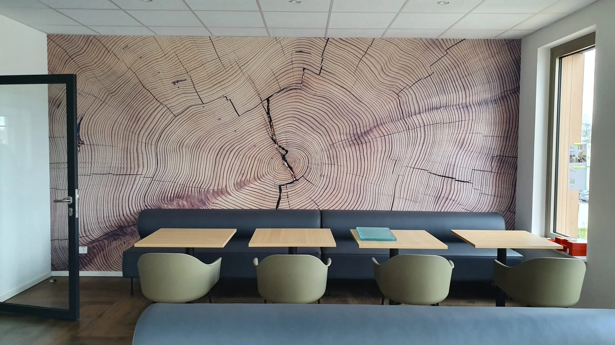 Ein Raum mit einer Wand, die wie eine große Baumring-Diagramm aussieht, und einem Sitzbereich mit einem schwarzen Sofa und mehreren Stühlen um einen Tisch.