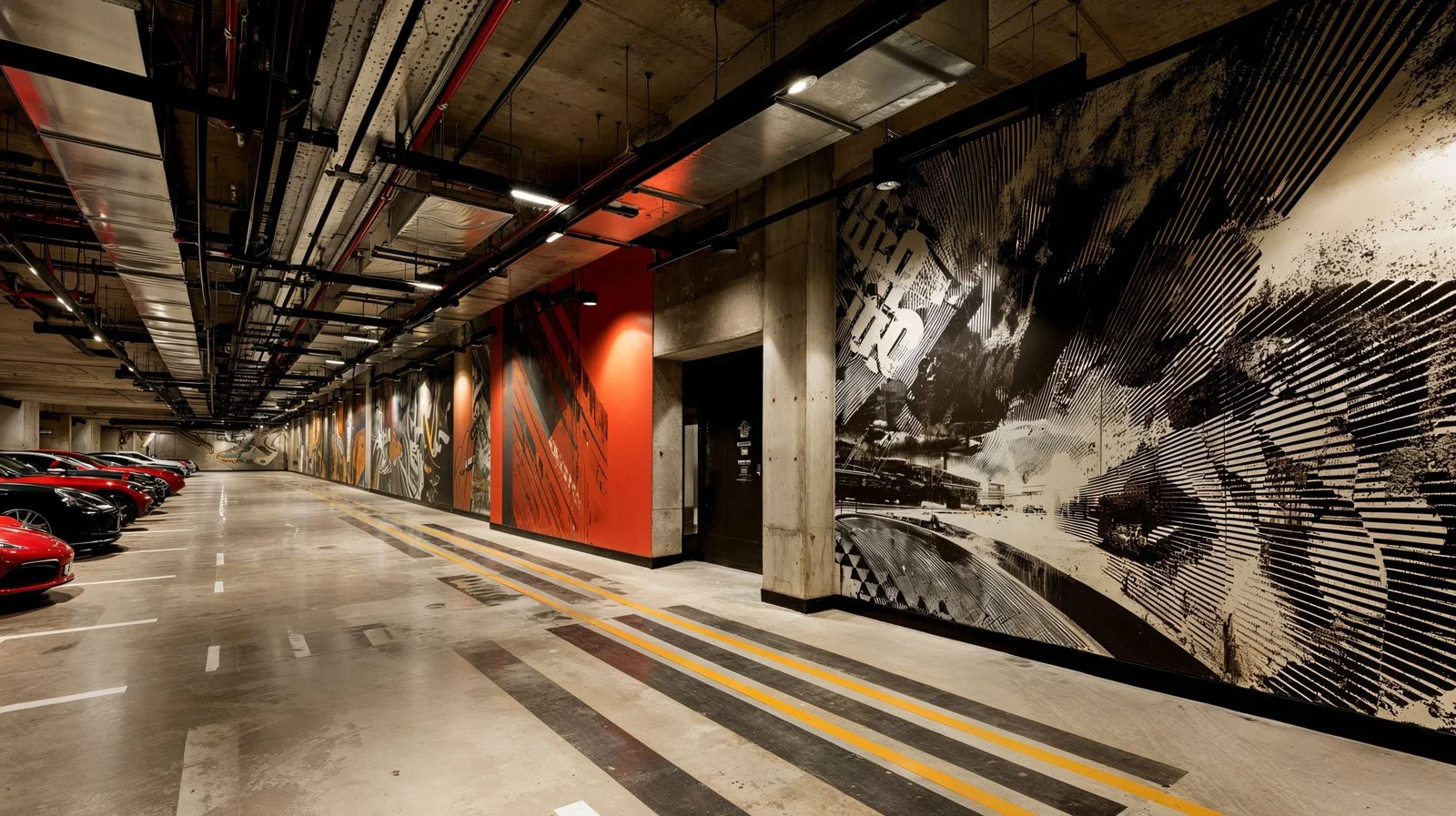 Innenansicht einer modernen Tiefgarage mit mehreren roten und schwarzen Autos, Wandmalereien und graffitiartige Kunst auf den Wänden, Beleuchtung an der Decke.