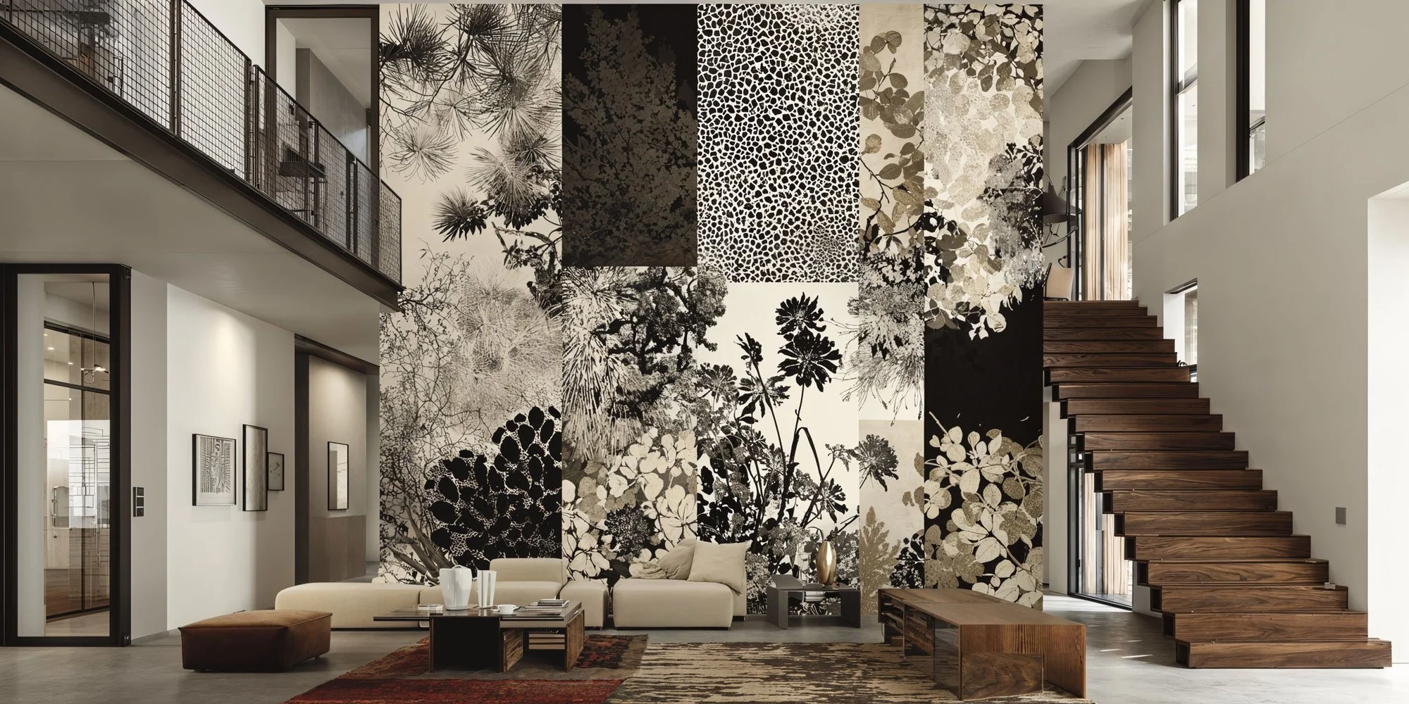 Modernes Wohnzimmer mit Schwarz-Weiß-Wandkunst, weißem Sofa, dunklem Couchtisch, Holzstufen treppe und großen Fenstern.