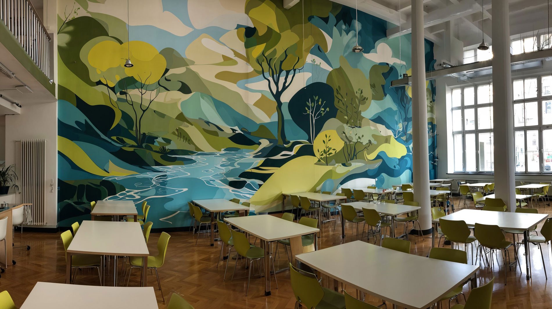 Ein heller Essraum mit großen Fenstern und einer wunderschönen Wandmalerei mit einer Flusslandschaft und Bäumen in Blau-, Grün- und Gelbtönen. Es gibt grüne Stühle und weiße Tische.
