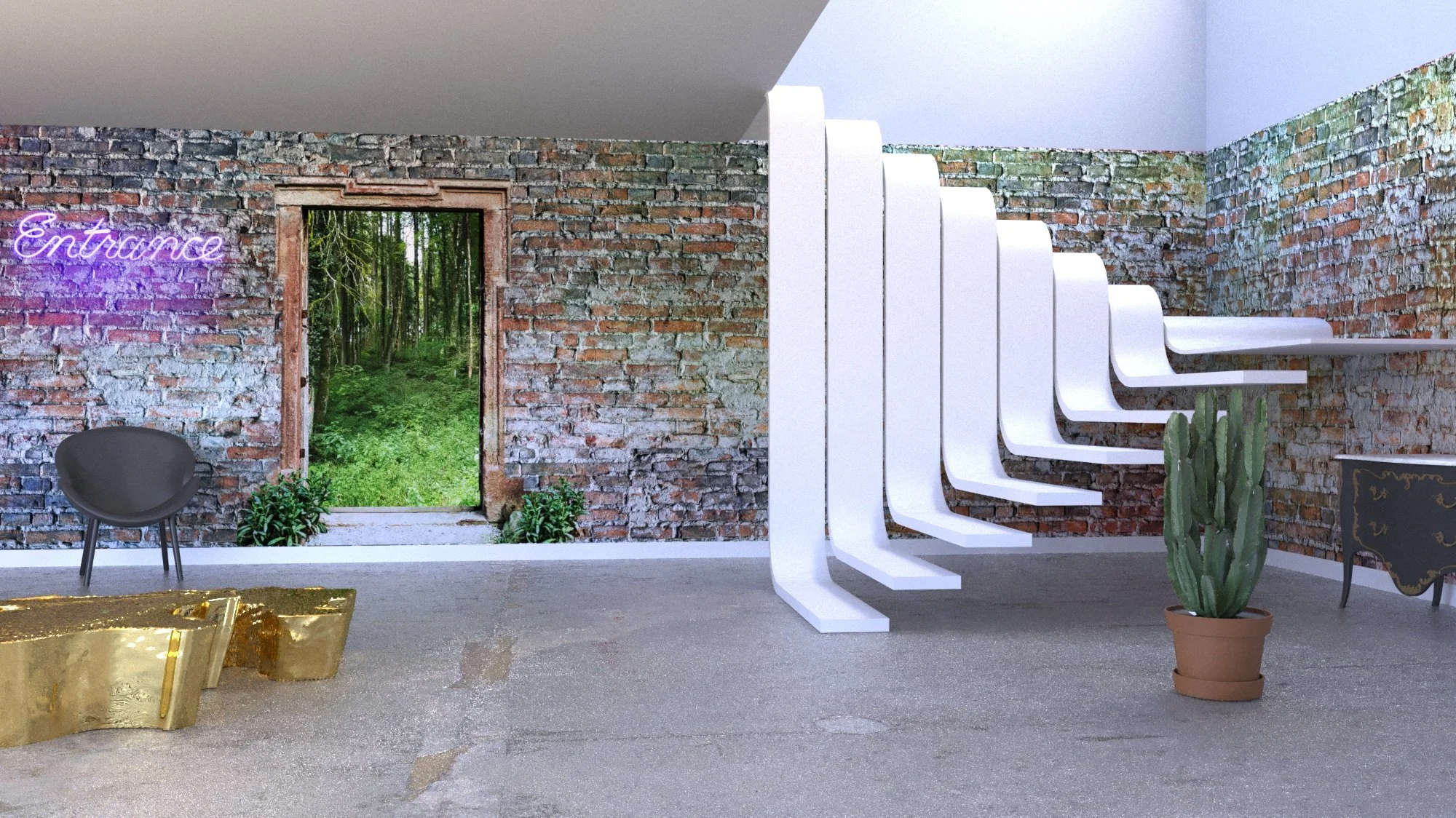 Ein Raum mit einer offenen Tür, die zu einem Wald führt, einer schwarzen modernen Sitzgelegenheit, einem Neon-Schild mit der Aufschrift 'Entrance', mehreren weißen schwebenden Bänken, einer großen Kaktuspflanze in einem Tontopf, einer goldfarbenen Skulptur, einem alten schwarzen Möbelstück und einer glatten Betondecke sowie Ziegelwänden.