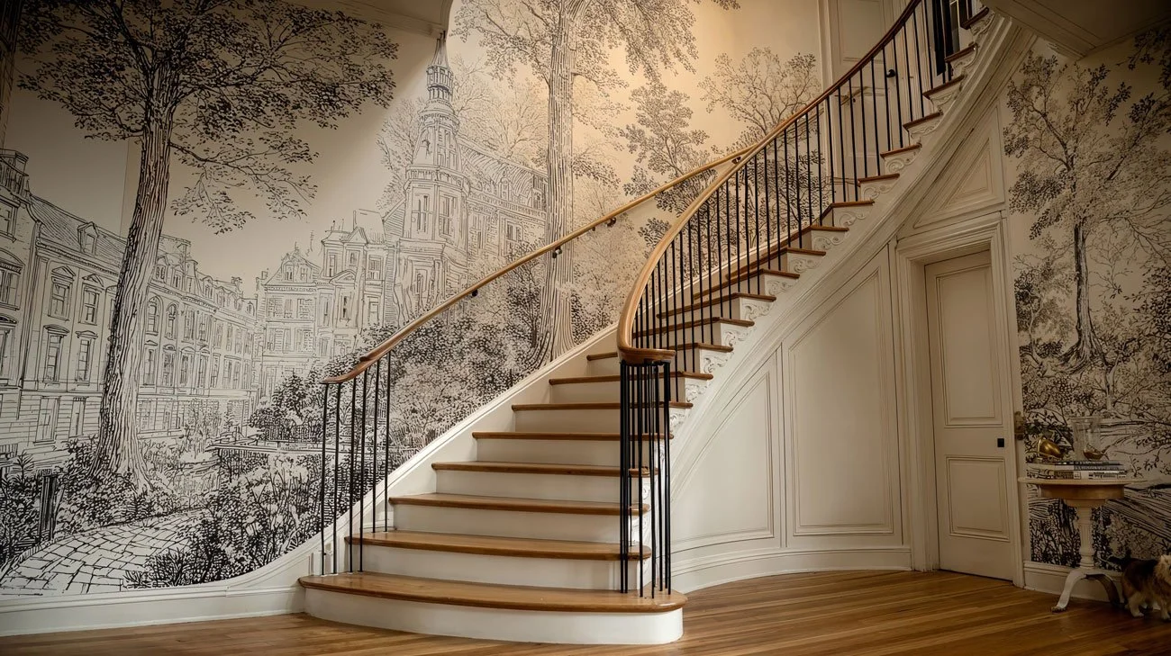 Ein eleganter Treppenaufgang in einem Haus mit einer Wandtapete, die eine Stadtansicht mit klassischen Gebäuden und Bäumen zeigt, sowie ein kleiner Tisch mit dekorativen Gegenständen auf der rechten Seite.