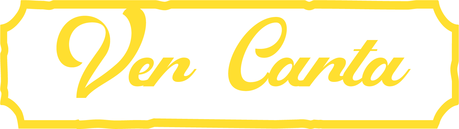 Logotipo con texto 'Ven Canta' en letra cursiva dorada, fondo negro, borde decorativo en dorado.