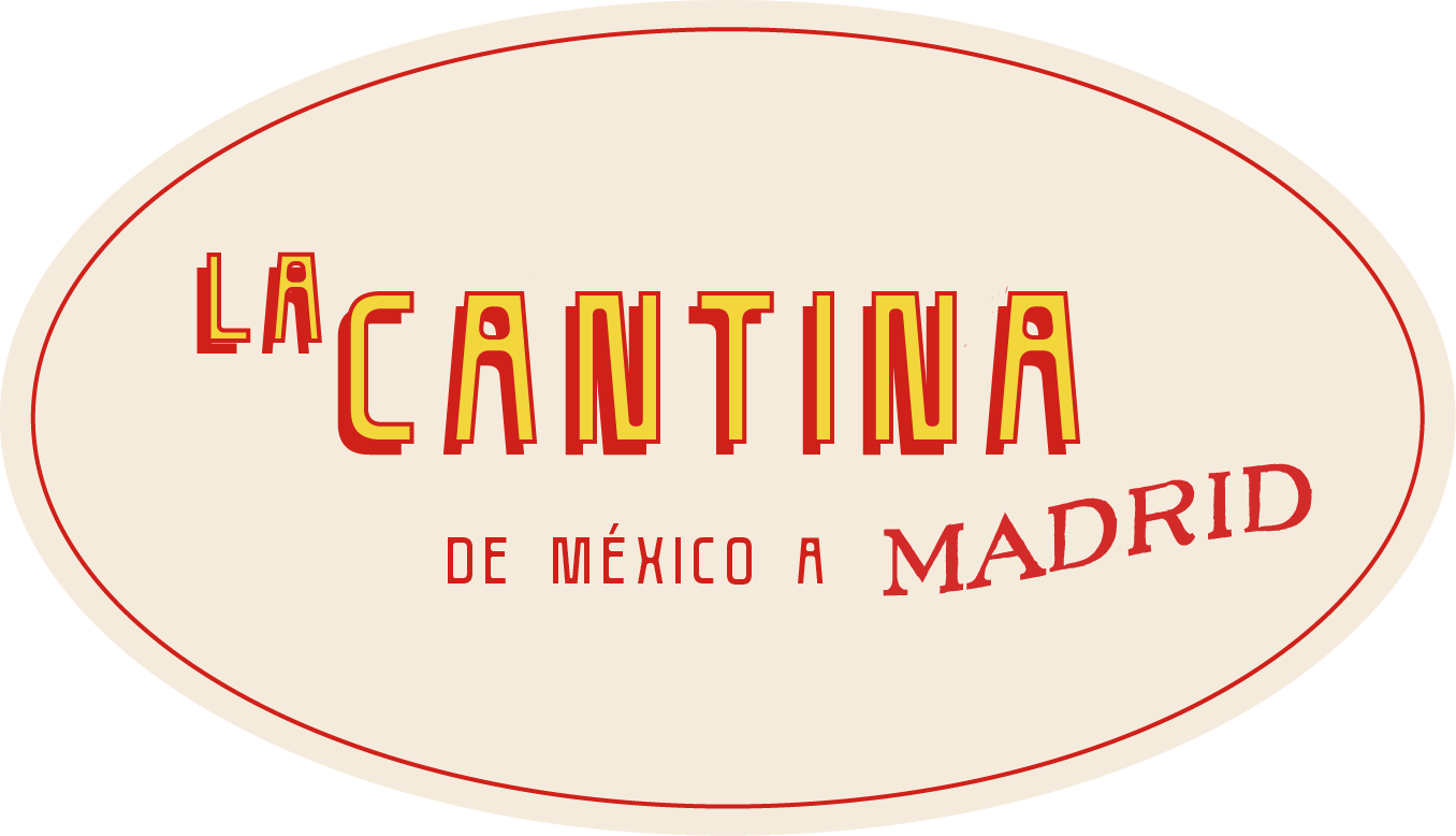 Logotipo con texto que dice 'La Cantina de México a Madrid' en letras amarillas y rojas, en fondo beige ovalado con borde rojo.