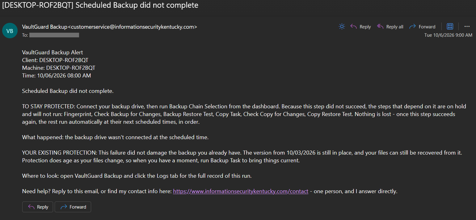 VaultGuard Backup Failure Email example