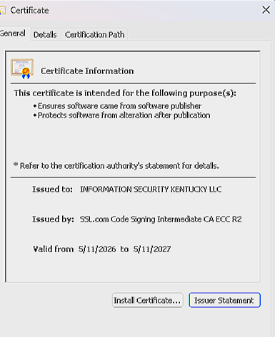 Screenshot of a digital certificate with details about its purpose, issuer, recipient, and validity period.