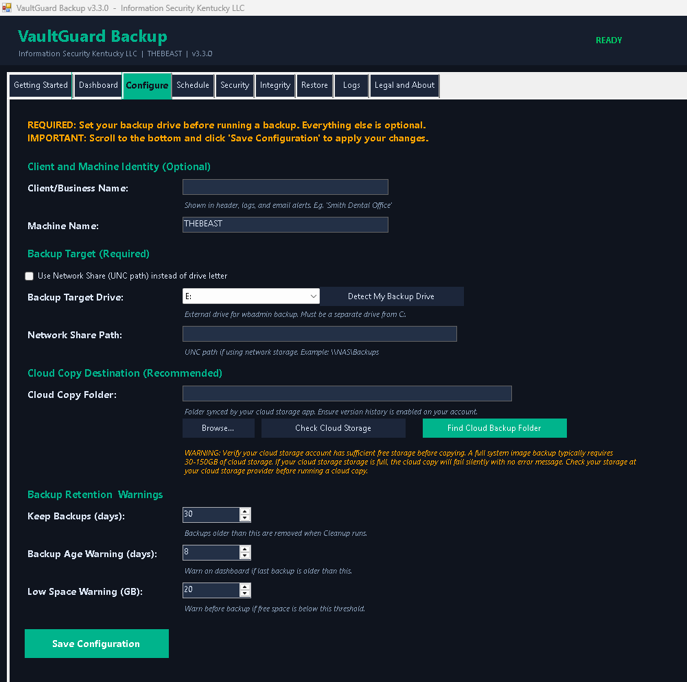 Screenshot of VaultGuard Backup v3.3.0 interface showing configuration settings for backup target drive, cloud copy destination, retention warnings, and backup age warnings, with tabs for different sections like Dashboard, Schedule, Security, Integrity, Restore, Logs, and Legal.