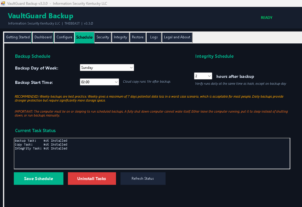 Screenshot of VaultGuard Backup interface showing the Schedule tab with options for setting backup day, start time, and integrity schedule. It includes a section for current task status with tasks marked as not installed, and buttons for saving, uninstalling, and refreshing.