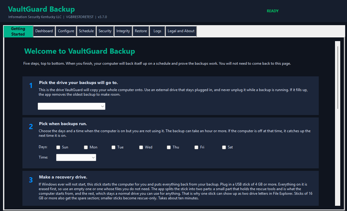 Screenshot of VaultGuard Backup Getting Started Tab