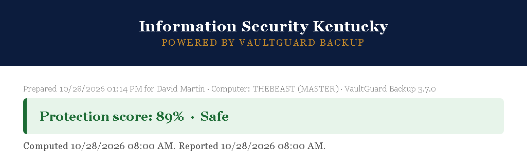 Backup report for clients from VaultGuard Backup, branded “Information Security Kentucky,” protection score 89%, Safe.