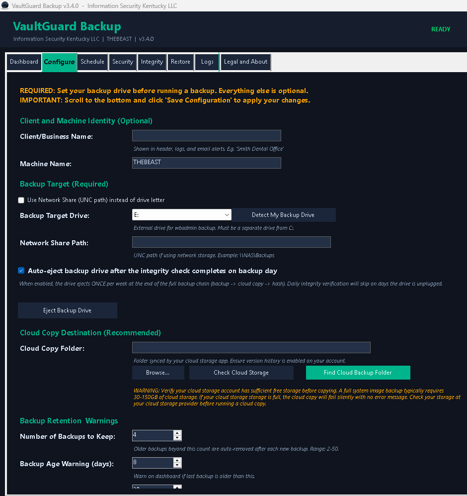 Screenshot of VaultGuard Backup software interface, configuration tab open, showing options for backup drive, network share path, cloud storage integration, backup retention settings, and warnings.
