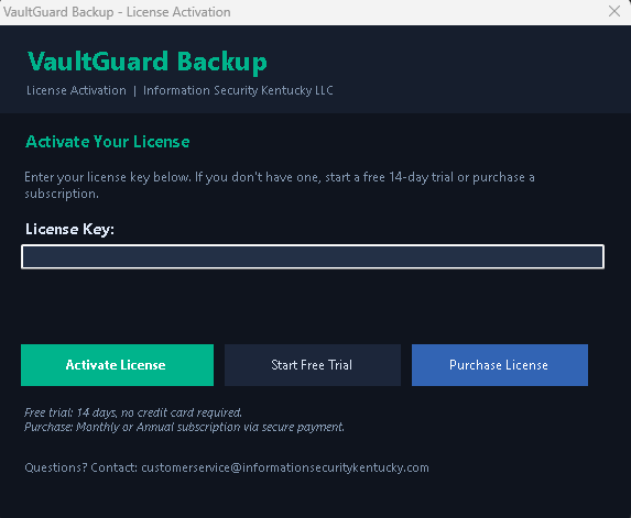 Screenshot of VaultGuard Backup license activation window with fields for entering a license key and options to activate license, start a free trial, or purchase a license, including contact information for support.