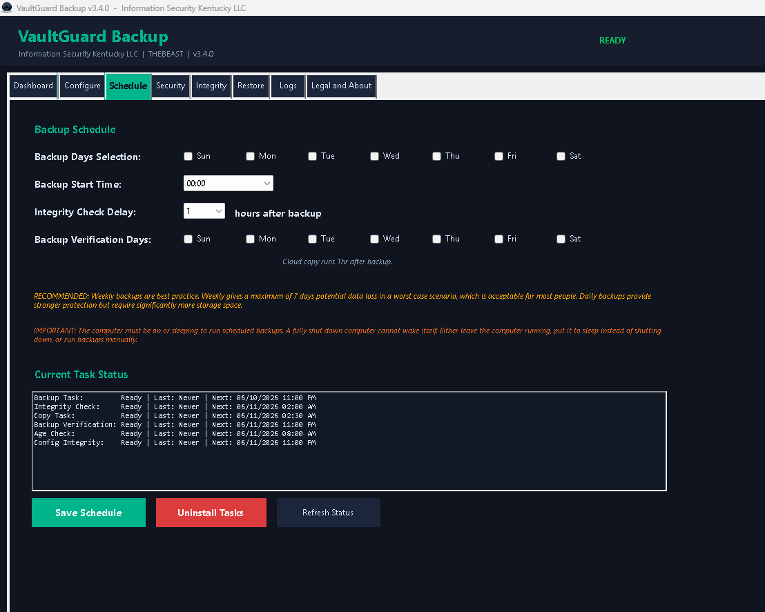 Screenshot of VaultGuard Backup v3.4.0 software interface showing the Schedule tab with options for setting backup days, start time, integrity check delay, and verification days; current task status, and buttons for saving schedule, uninstalling tasks, and refreshing status.