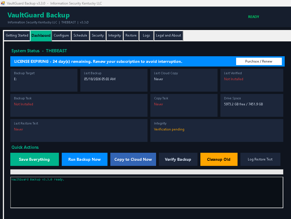 Screenshot of VaultGuard Backup software dashboard showing system status for THEBEAST with a license expiring in 24 days, no recent backups or cloud copies, drive space with 5973.2 GB free, and verification pending.