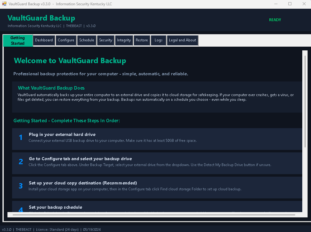 Screenshot of VaultGuard Backup software interface with tabs for Getting Started, Dashboard, Configure, Schedule, Security, Integrity, Restore, Logs, and Legal and About. The main section welcomes users to VaultGuard Backup and provides steps for setting up a cloud backup, including connecting an external hard drive, selecting it in the configure tab, setting up a cloud storage destination, and scheduling backups.