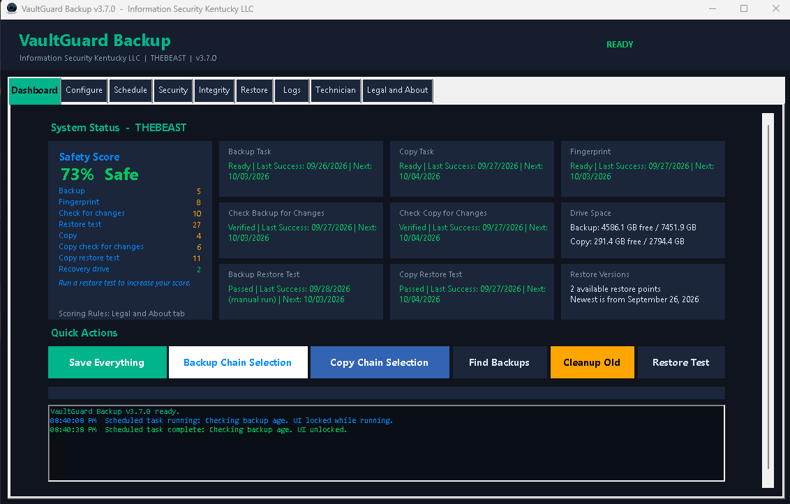 Screenshot of VaultGuard Backup software interface showing system status, backup tasks, check backup for changes, restore test, drive space, restore versions, and action buttons for save, backup chain, copy chain, find backups, cleanup old, and restore test.