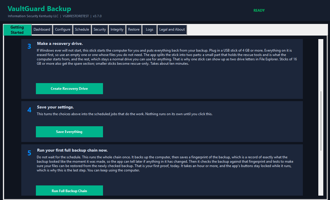 Screenshot of VaultGuard Backup software interface with options for creating recovery drive, saving settings, and running a full backup chain.
