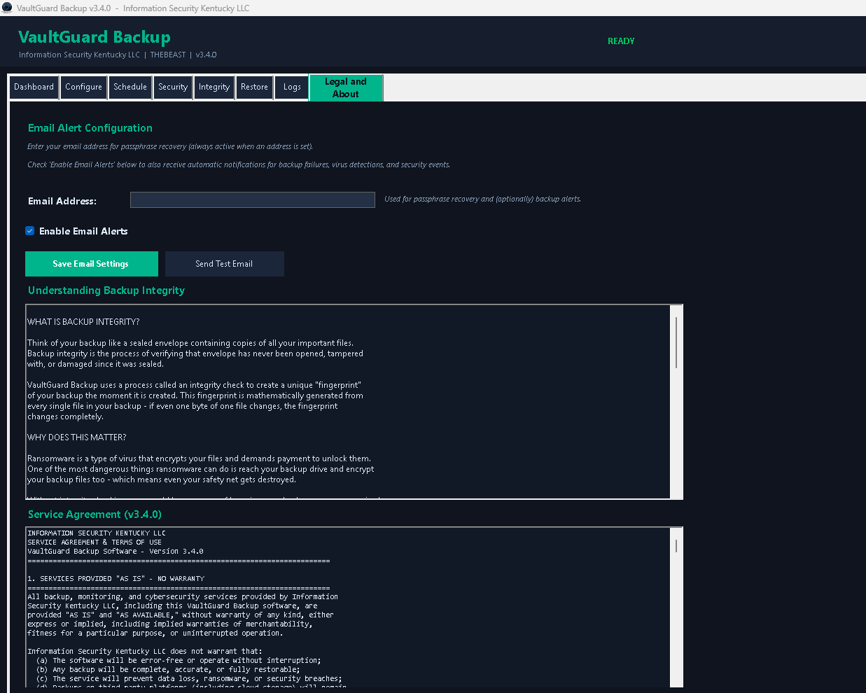 Screenshot of VaultGuard Backup software web interface showing sections for email alert configuration, backup integrity explanation, and service agreement text.