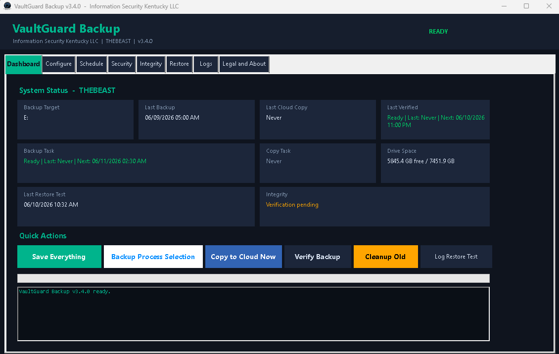 Screenshot of VaultGuard Backup software interface, showing system status, backup details, and action buttons on a dark-themed background.