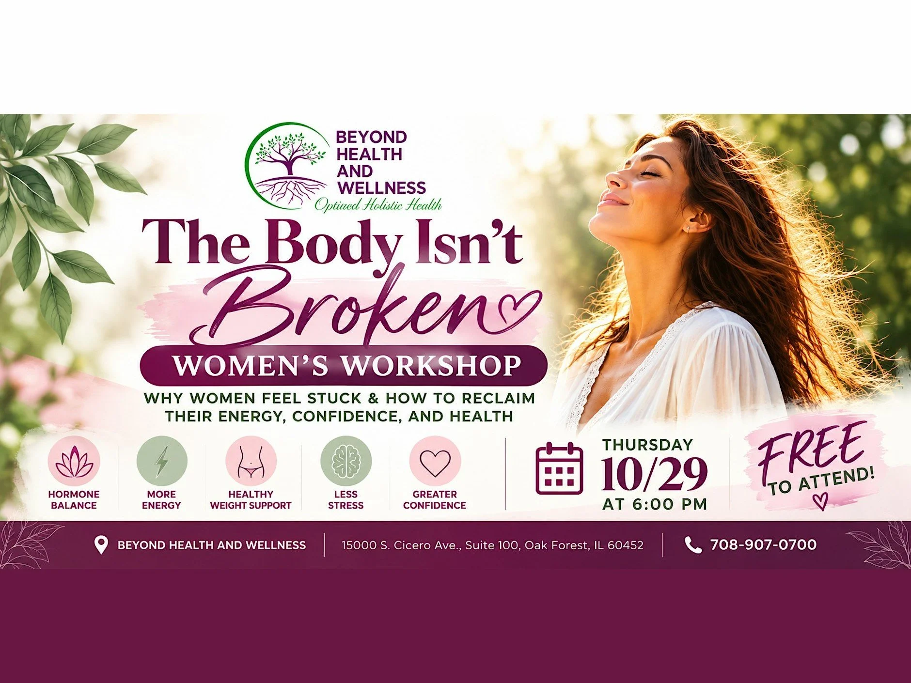 aFree women's wellness workshop, Thursday Oct 29 at 6 PM, Beyond Health and Wellness in Oak Forest, IL