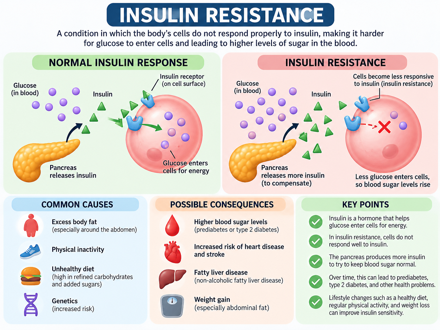 Infographic comparing a normal insulin response with insulin resistance, plus common causes, possible consequences and key points