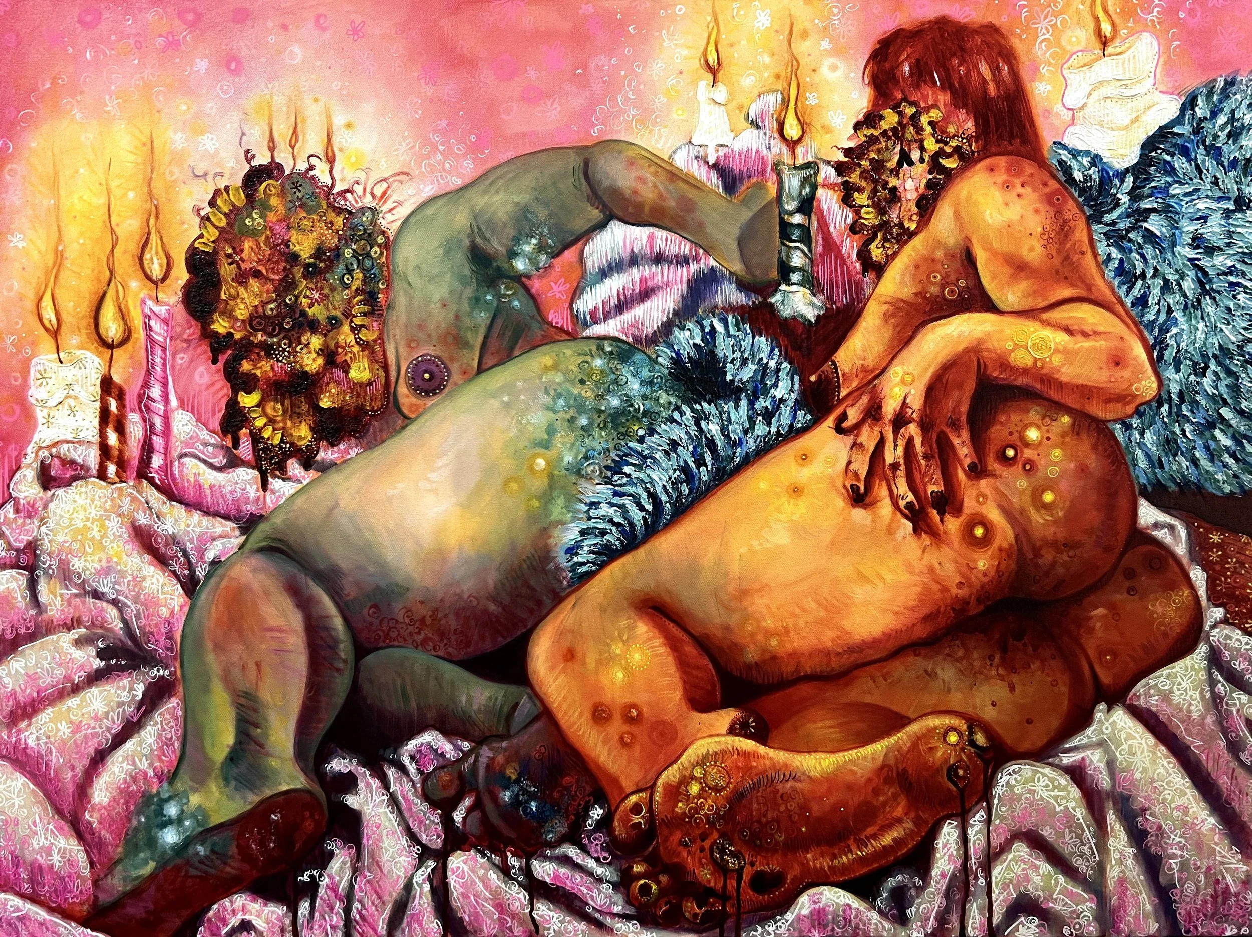 (Faceless) Exploratory Explosion Slumber Party |
Acrylic and craft beads on canvas, 36 x 48"
2025